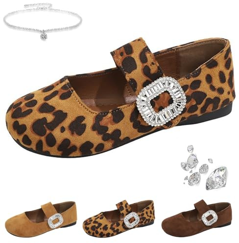 Ballerine ortopediche Mary Jane in pelle scamosciata, da donna, con stampa leopardata, eleganti, comode, senza lacci, con punta larga, con cinturino in strass lucidi, per feste di nozze, Stampa