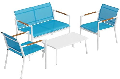 Outsunny Set Salotto da Giardino 4 Pezzi, Set di Mobili da Giardino in Texteline Traspirante con Divano 2 Posti, 2 Poltrone, Tavolino con Piano Metallo, Salottino da Esterno in Metallo per Patio, Blu