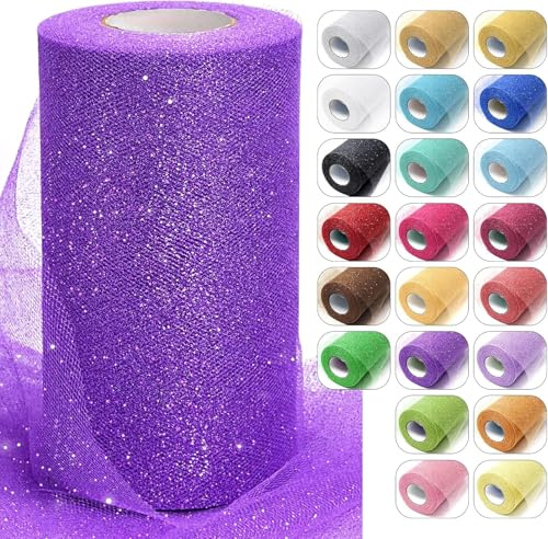Tulle Rotolo, 15 cm x 9 m Tulle Glitterato, Rotolo Tulles Tessuto Glitterato, Bobina di Tulles Glitter, Rotolos di Tulled, Nastro Tulled Rotolos, per Decorazioni di Matrimoni, Compleanni (Viola)