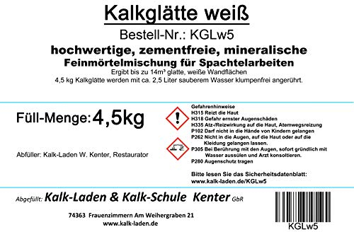 4,5 kg hochwertige, zementfreie, rein mineralische Kalkglätte in der Papiertüte, für bis zu 14 m² Wand- oder Deckenfläche