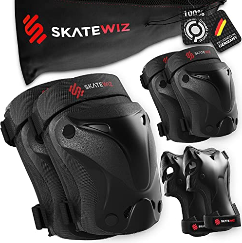 SKATEWIZ Knieschoner Kinder Schoner Inliner - Protektoren Set [6er] - Knie und Ellenbogenschützer - Schonerset für Skateboard und Inline Skating - PROTECT-1 Schwarz Größe M