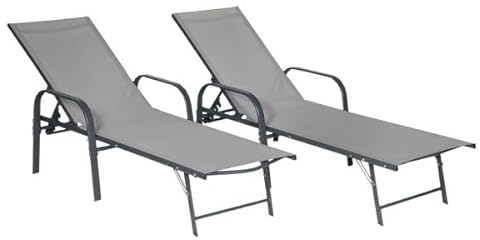 Happy Garden Lote de 2 tumbonas de textileno Gris Sardinia Estructura Antracita. Tumbona de Exterior de Acero de 5 Posiciones.