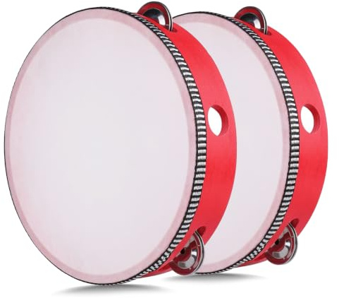 Flexzion Wood Handheld Tambourine (2 Pack) 8 Inch Single Row 5 Pair Jingles, Hand Held Percussion Drum Moon Musical Tambourine with Ergonomic Handle Grip for Kids Adults Classroom Gift Party