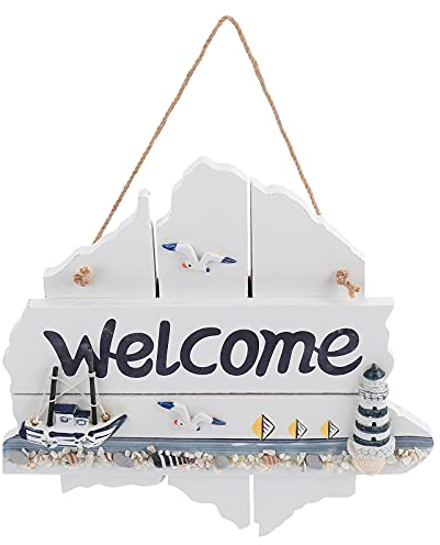 VOSAREA Willkommensschild Holz Willkommen Schild Türschild Mittelmeer Deko Dekoration Holzschild Wandschild Hängeschild Mediterrane Nautische für Tür Wanddeko
