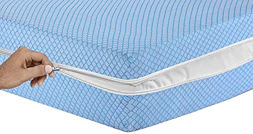 Diamond Pattern Mattress Protector Hypoallergenic Extra Deep Total Zipper Encasement Cover Anti Bug, Non-Noisy, Anti Allergy Breathable Fitted Style Blue and Grey Poly-Cotton Zipped (Blue, Double)