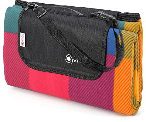 Vinsani Coperta da picnic pieghevole, impermeabile e anti-sabbia, ideale per campeggio e picnic all'aperto, tappeto a scacchi con maniglia per il trasporto (multicolore, 200 x 200 cm)