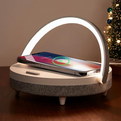 EZVALO LED Nachttischlampe mit Ladefunktion, 4-in-1 Touch Dimmbar Nachtlicht, Bluetooth Lautsprecher, Kabelloser Ladefunktion, Telefonhalterung, Tischleuchte für Frauen, Weihnachten, Geburtstag