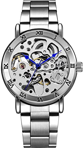 Alienwork Automatikuhr Armbanduhr Herren Damen Silber Edelstahl Metallarmband Skelett Glasboden