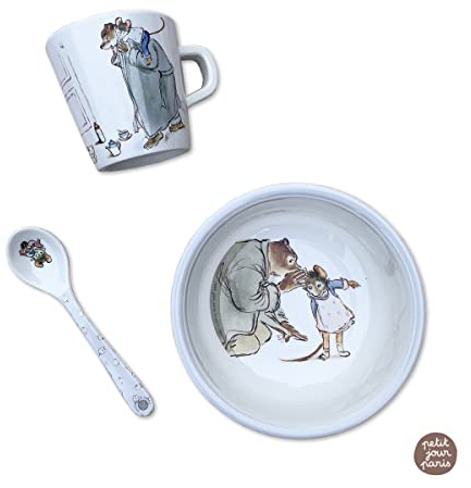 PETIT JOUR - Set Goûter Pour Bébé +6 Mois - Bol 250ml, Petit Mug 180ml, Cuillère 14cm - Mélamine - Sans BPA - Motifs Ernest Et Célestine