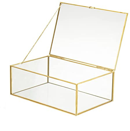 WHSLILR 10.8” Glass Jewelry Box Gold Card Box with Hinged Lid, Gold Keepsake Box for Storage Wedding Card, Trinkets, Photo and More, Cute Glass Box for Women and Girl,Vintage