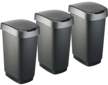Rotho Twist Mülleimer Küche 3er-Set je 50 L mit Deckel Schwarz/Anthrazit | Mülleimer mit Deckel, 3 Behälter für Mülltrennung, Schwingdeckel und Klappdeckel, schmale platzsparende Form für Haushalt