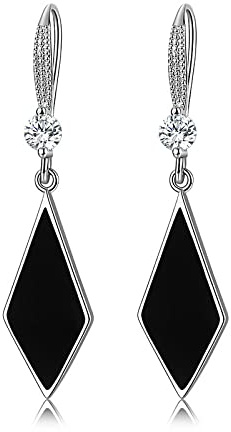MIVY Ohrringe Damen, 925 Sterling Silber Ohrhänger Für Frauen Geometrische Schwarze Raute Kristall Zirkon Tropfen Ohrringe Silber Zierlicher Charme Schmuck Für Frauen Geschenk Für Mädchen