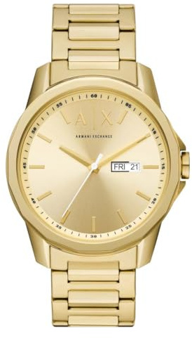 Armani Exchange Orologio da uomo, Movimento al quarzo con data giornaliera a tre lancette e cassa da 44 mm con cinturino in acciaio o in pelle, Tono oro