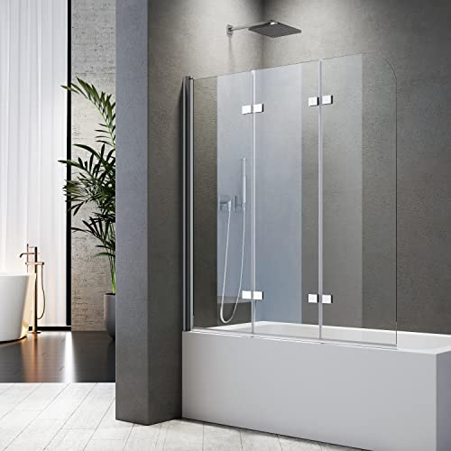 Duschwand für Badewanne 130 x 140 cm 3 teilig faltbar 6 mm Sicherheitsglas ESG Klar hell Profilfarbe Chromoptik Duschabtrennung für Badewanne