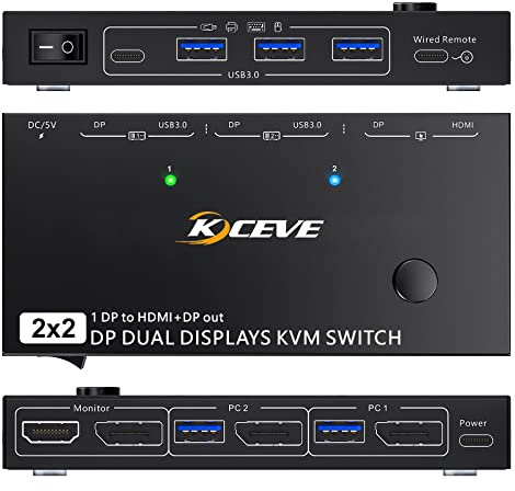 KVM Switch 2 Monitore 2 PC Displayport, KCEVE DP KVM Schalten, MST 2 Ein 2 Aus Displayport KVM Umschalter, HDMI und DP Monitorausgang für 2 Computer, teilen sich 2 Monitore