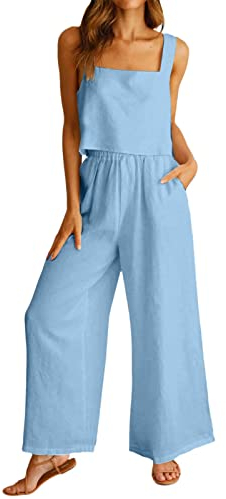 MJGkhiy Donna Elegante Tuta Completa Estiva 2 Pezzi Senza Maniche Vita Alta Pantaloni Blu S