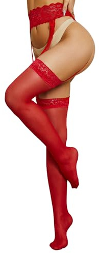 RSLOVE Calze Autoreggenti Donna in Seta Collant Reggicalze in Pizzo Antiscivolo Rosso
