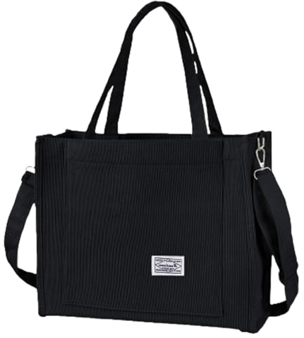 BROADREAM Sacs fourre-tout en velours pour femmes - Sac cabas en velours côtelé avec fermeture zippée，Tote Bag de grande capacité pour école, travail, shopping(L-Noir)