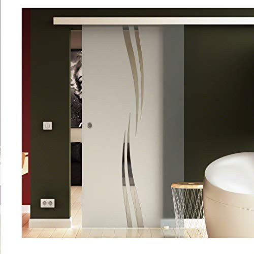 Made in Germany SoftClose Schiebetür aus Glas 900x2050 mm Wellen-Design (A) Sadora® SlimLine-System komplett Laufschiene und Muschelgriffen für Innenbereich ESG-Sicherheitsglas