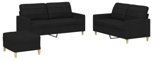 vidaXL Sofagarnitur 3-TLG., Sessel Couch mit Kissen Fußhocker, Sofa Wohnzimmersofa mit Armlehnen, Couchgarnitur Designsofa Sitzmöbel Polstermöbel, Schwarz Stoff