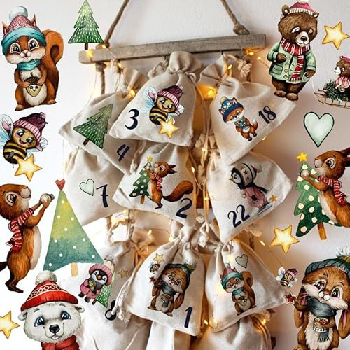 Adventskalender A3 und A4 Bügelbilder Patches Motiv Wintertiere Winter Weihnachten Weihnachtsmotive zum Aufbügeln ad07 - ausgewählte Größe: *A3 Einzelmotivgröße ca. 6,7cm*