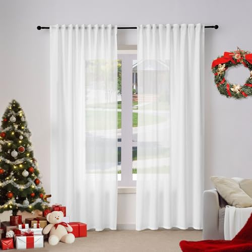 WOLTU Halbtransparente Vorhänge in Leinenoptik, 2er-Set, 135x245 cm, Weiß