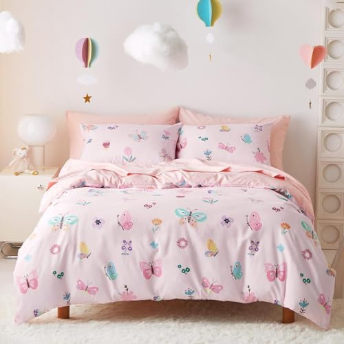 Wake In Cloud - Butterfly Bedding Set for Girls, Cute Colorful Butterfly Flowers Floral Comforter Set with Sheets, 5 Pieces Kids Bed in a Bag, Pink, Twin Size