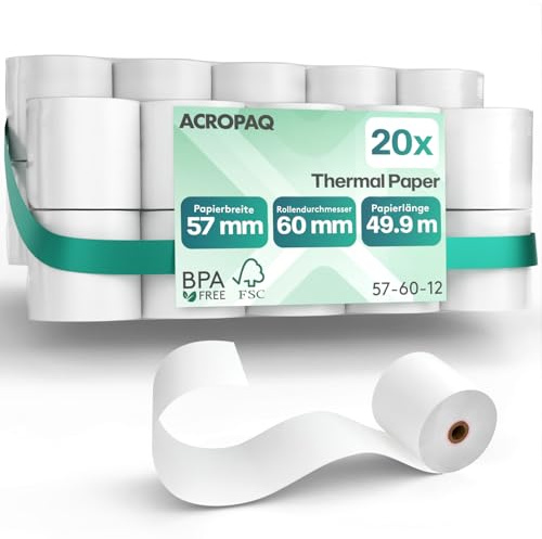 ACROPAQ - 20 x Thermorollen - 57mm x 60mm x 49,9m - Premium BPA-freies EC rollen thermo-papierrollen für Ec-Cash-Geräte - Kassenrollen, Bonrollen, Kassenbon Rolle