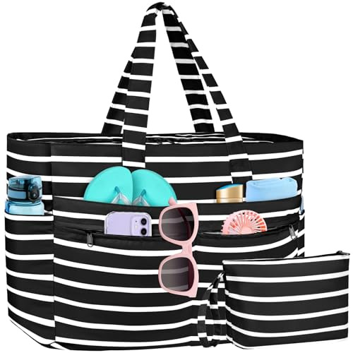 WACCET Strandtasche XXL Familie, Große Wasserdichte Strandtasche Damen mit Reißverschluss, Faltbare Leichte Badetasche Damen mit Mehreren Taschen Beach Bag Tote Bag für Strand, Reisen, Urlaub, Pool.