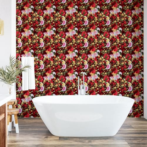 Ambesonne Floral Nature Print Peel & Stick Wallpaper for Home, Lovers Basket Roses Pansies Peonies Summer Flowers, Self-Adhesive Living Room Kitchen Accent, 33 cm x 180 cm, Ruby Pale Pink Yellow
