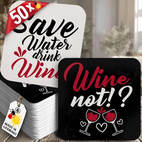 Witzige Bierdeckel Wein von Funke & Brand - 50er Set mit Wine Not & Save Water Drink Wine Sprüchen, Tischschutz Untersetzer