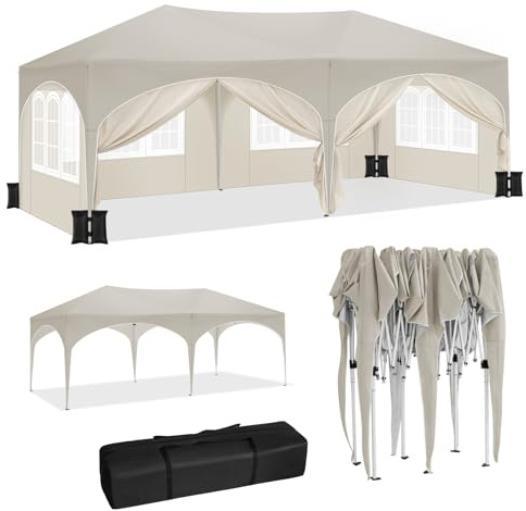 WOLTU Partytält med 6 sidodelar och 4 sandsäckar, vikbar paviljong, 3 x 6 m, med halvmånetak, trädgårdspaviljong, stabilt UV-skydd, popup festtält utomhus, höjdjusterbar, med bärväska, beige