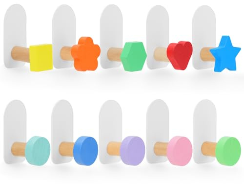 Mulaibdin 10 Pcs Kids Coat Hooks Self Adhesive, Colorful Wooden Hooks Nursery, Stick on Coat Hooks Heavy Duty Kids, Child Bedroom Door Hooks for Wall Hanging,Towel,Hat,Clothes,Backpacks