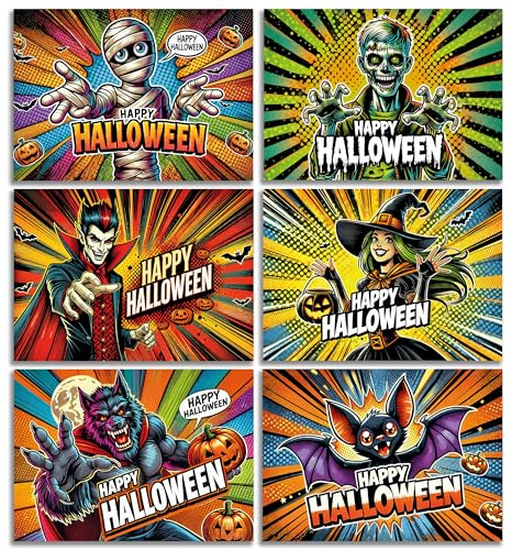 12 Halloween Karten Einladungskarten Einladung Jungen Mädchen Geburtstag Party Erwachsene Motiv Halloweenparty Grusel Horror Set gruselig Comic Modern Vampir Zombie Hexe Mumie Werwolf Fledermaus