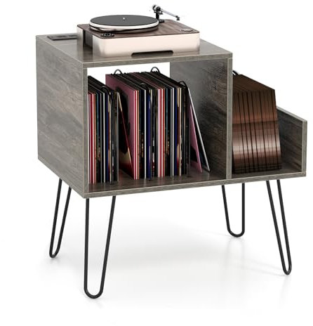 COSTWAY Soporte para Tocadiscos con Enchufe, Mesa para Tocadiscos con Divisor de Vinilos y Estante de Exhibición, Mesa Auxiliar con Patas de Metal para hasta 145 Álbumes para Salon (Gris)