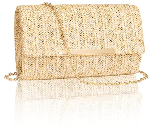 Larcenciel Bolso Mujer Paja, Bolsos Mujer Verano Playa con Cadena Desmontable, Boho Bolso Fiesta, Elegante Rafia Clutch, Casuale Bandolera Cartera de Mano para Verano, Bodas, Vacaciones, 22x13x5CM