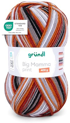 Gründl Wolle Big Mamma Print XXL 1 x 400 g, Kürbis-feuerrot-hellgrau | XXL Wolle zum Stricken mit Farbverlauf - Weich und hautfreundlich - 100 % Polyacryl - 400 g / 1040 m - Nadelstärke 3,5- 4,5