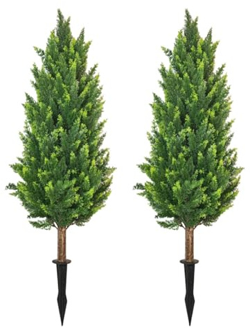 chilsoby 3.2Ft UV-Resistant Artificial Cedar Topiary Trees with Ground Spike, Set of 2 Faux Cypress Trees Artificial Shrubs Fake Pine Bushes for Indoor Outdoor Garden, Patio Decor