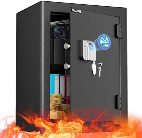WASJOYE Ignifuge Coffre-Fort d'Empreinte Digitale, Biométrique Armoire Coffre-Fort à Domicile avec Tiroir anti Feu et Automatique Serrure pour la Maison, le Bureau, l'Hôtel, 50L