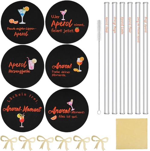 RiuCrepian 20 Stück Aperol Geschenk，filzuntersetzer rund mit Aperol Untersetzer,strohhalme Glas,Getränkeetikett mit Fliege，strohhalm bürste,Aperol Deko Geschenk für Aperol Liebhaber 10 x 10 cm
