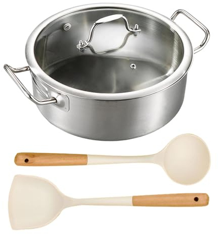 Padella in acciaio inox, 28 cm, non rivestita, a induzione, con coperchio, cucchiaio e spatola, bordo alto, a tre strati, resistente alle alte temperature, per piani cottura a gas, Double Ear 5 l