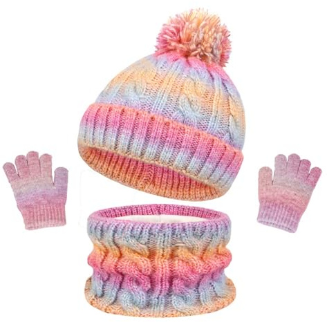 SK Studio Kinder Wintermütze Schal Handschuhe Mädchen Set Warme Winter Beanie Hut Handschuhe runder Schal Set für 3-10 Jahre Jungen Mädchen, bunt