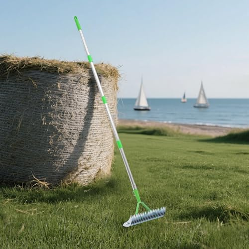 Rastrello da fieno da giardino in metallo con 21 denti curvi, rastrello da giardino regolabile in altezza con aste rimovibili, rastrello da giardino per prati e foglie