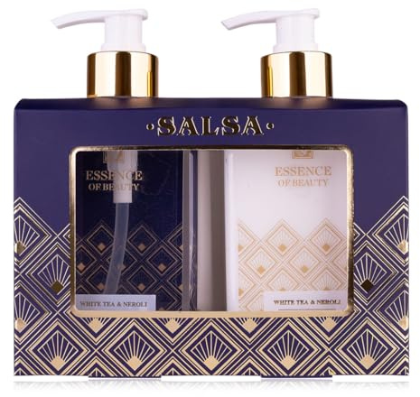 Accentra Coffret soin mains SALSA ESSENCE OF BEAUTY, savon liquide 270ml, crème mains et ongles 270ml, distributeur, parfum Thé Blanc et Néroli, cadeau idéal pour femmes