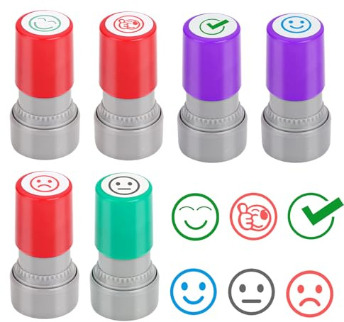 Lehrerstempel Set 6 Stück – Selbstfärbende Smiley Motivationsstempel für Schule und Kinder, Belohnungsstempel mit lustigen Gesichtern, Wiederbefüllbar, Ideal für Hausaufgaben & Unterricht