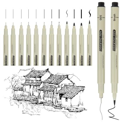 Donvuka Kalligraphie Stifte Schwarz, 12 Stück Handlettering Stifte, Kaligraphiestifte Set Anfänger, Fineliner & Pinselspitzen – Wasserfester Stift Zum Zeichnen, Handlettering & Unterschriften