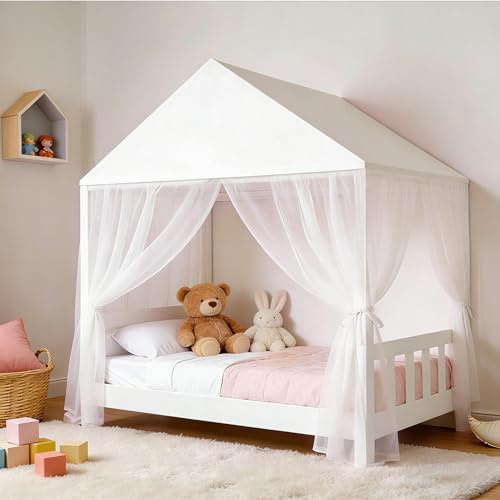 GFCC Weiß Hausbett Himmel für Dreieckigem Dach Hausbett–209x127x160cm | Prinzessinnen Betthimmel Hausbett für Mädchen Hausbett Deko Moskitonetz Baldachin für Kinderzimmer Deko