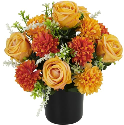SIFOEL Artificial Grave Flowers for Cemetery, Artificial Chrysanthemums & Rose, Memorial Decorative Funeral Flower in pot for Grave Graveside Outdoor Indoor Decoration (1pc, Orange)