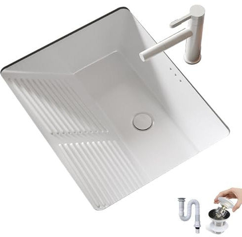 Évier de Buanderie en Céramique à Encastrer avec Planche à Laver Intégrée, Lavabo Salle de Bain avec Robinet et Kit de Vidange pour Salle de Bain et Buanderie(50x46x22cm/19.7x18.1x8.6in)