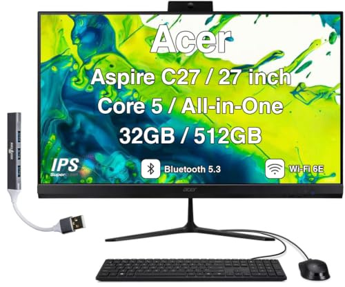 Acer Aspire C27 All-in-One Desktop, 27 IPS FHD, Intel Core 5 120U | 32GB DDR5, 512GB PCIe SSD, USB Tastiera e Mouse, Wi-Fi 6E, Bluetooth 5.3, Webcam, Windows 11 Home /w Hub USB